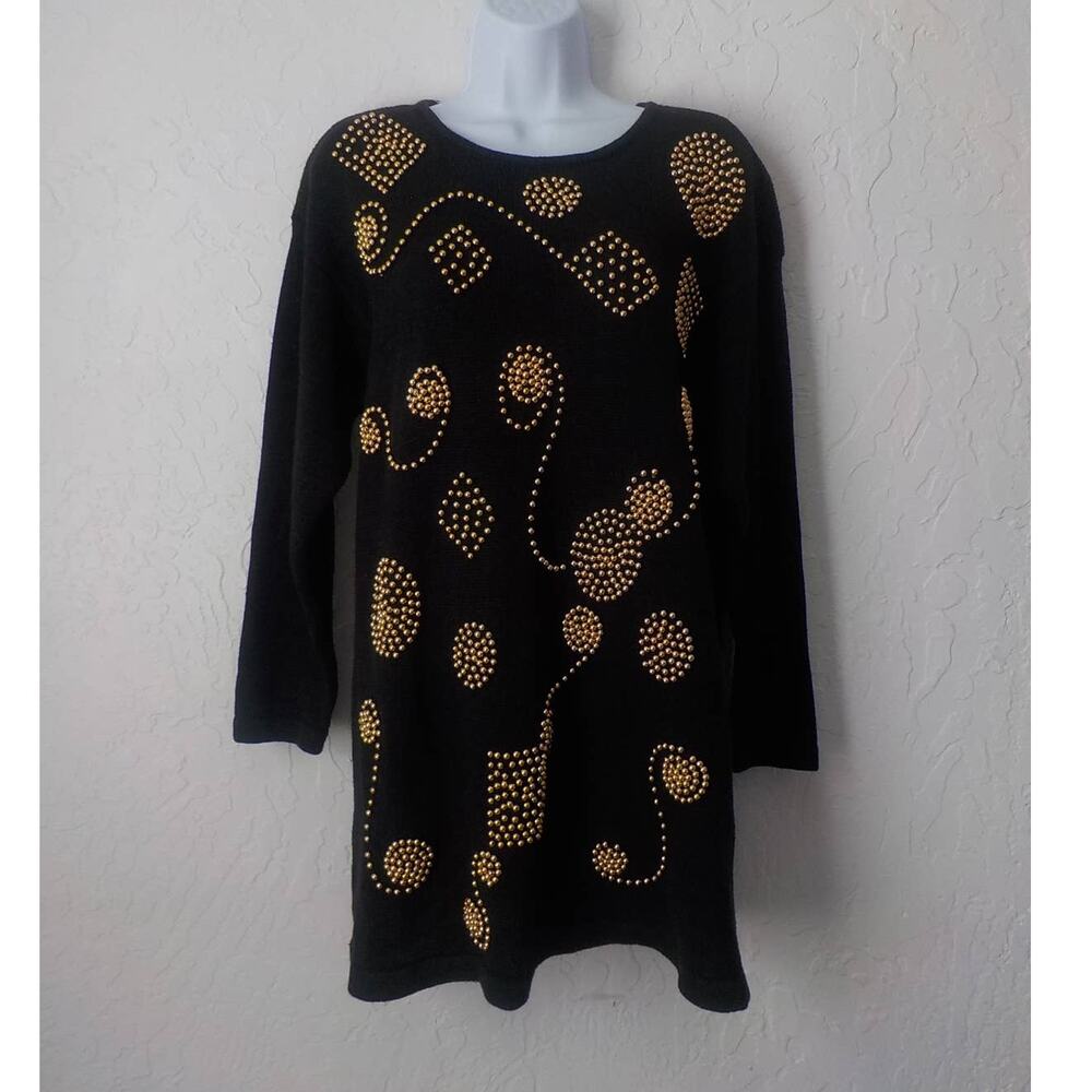 Sarah Morgan Black Knit Tunic Sweater Dress Size Large Gold Embellished Ramie